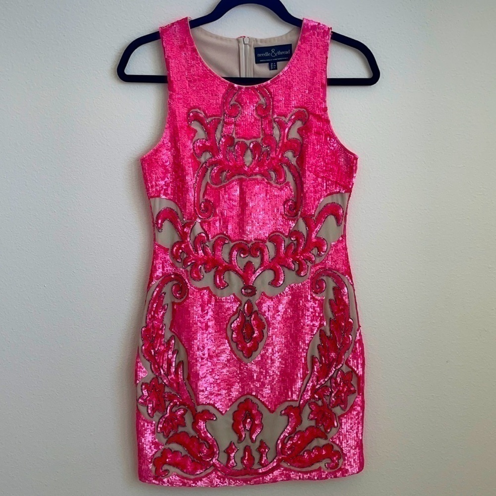 Needle & Thread Bubblegum pink sequin motif cutout shift mini dress 4 NWT Rare